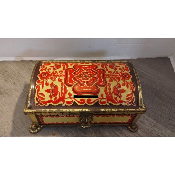 Vintage Fricke and Nacke Embossed Red & Gold Tin/Coin Bank, Western Germany - Picture 2 of 8